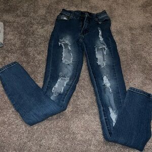 Fashion Nova Dark Blue Distressed Skinny Jeans
